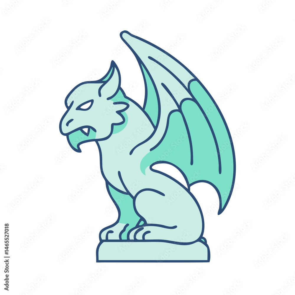 Poster illustration of a gargoyle stone statue with wings vector drawing gothic architecture design element