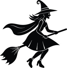 Adobe IlluSilhouette witch flying on broomstick vector, Flying witch Halloween art, Minimalist broomstick witch, Spooky witch silhouettetrator Artwork