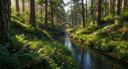 Fototapeta premium Lush forest stream scene