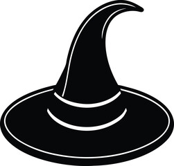 Minimalist Cartoon Witch Hat with Purple Band Vector Illustration Silhouette on White, Witch Hat Vector Icon, Halloween Hat Silhouette, Cartoon Witch Hat Drawing