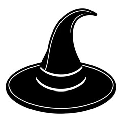 Minimalist Cartoon Witch Hat with Purple Band Vector Illustration Silhouette on White, Witch Hat Vector Icon, Halloween Hat Silhouette, Cartoon Witch Hat Drawing