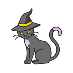 Halloween black cat wearing witch hat vector illustration for spooky season design and decoration