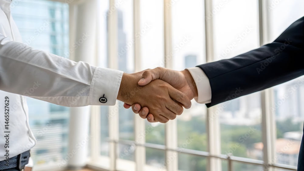 Poster a close up of two people shaking hands in front of a window in a modern office setting view outside