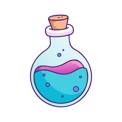 Illustration of a potion bottle with liquid, magic elixir, fantasy drink, and cork stopper