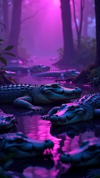 A mystical scene featuring crocodiles resting in a serene waterway surrounded by vibrant purple mist and lush vegetation, evoking a tranquil yet mysterious atmosphere.