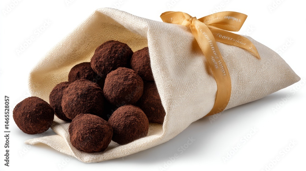 Leinwandbilder Close-up view of cocoa-dusted truffles arranged in a textured paper bag, set against a neutral beige background to create an indulgent and inviting presentation