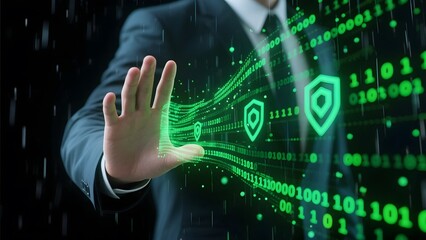 Man in suit with hand outstretched interacting with digital shields and binary code stream overlay