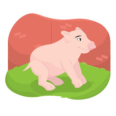 Pink pig near brick wal. Vector