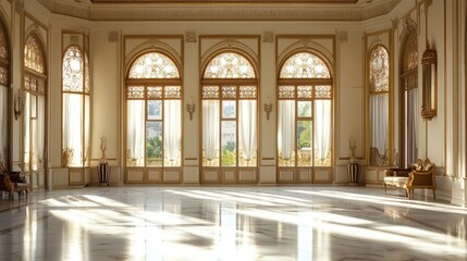 Fototapeta premium Sunlit Grand Palace Ballroom with Ornate Windows and Marble Floor