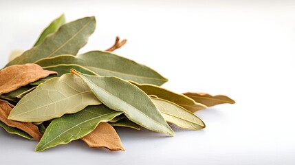 Pile of leaves with some brown leaves in the middle. The pile of leaves is on a white background