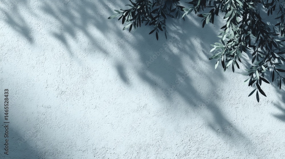 Poster shadows of organic leaves gracefully cascade onto a smooth plaster wall, embodying a minimalist aest