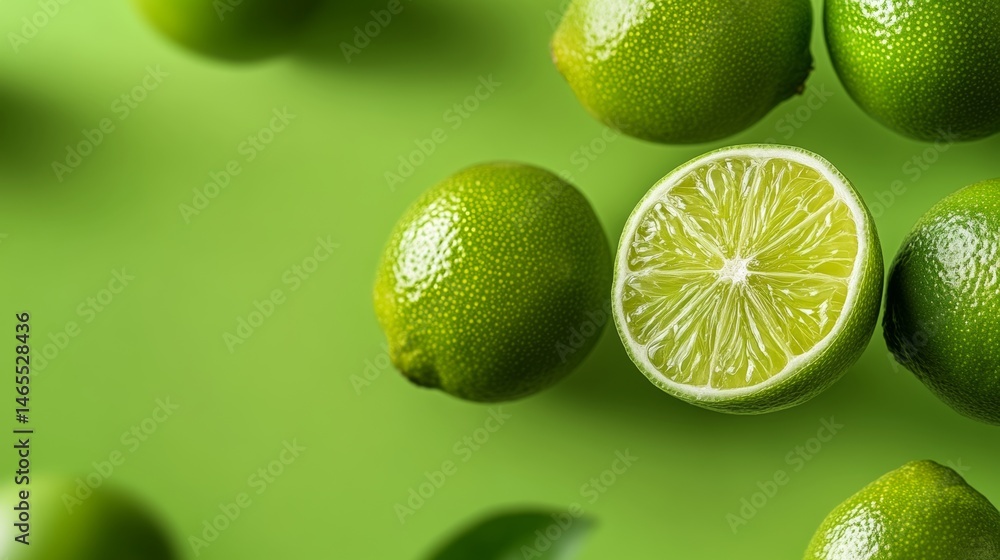 Aufkleber bunch of green limes with one cut open. the limes are arranged in a way that they look like they are