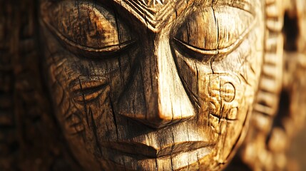 Close-up view of intricate wood carving face.