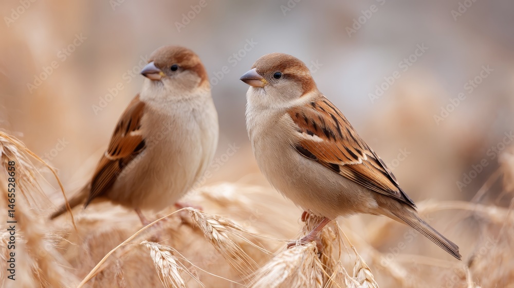 Poster Tiny sparrows rest on golden barley stalks during the soft glow of evening light, showcasing a rustic natural setting with a beautiful shallow depth of field