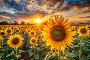 Obraz premium Close Up of Blooming Sunflower Field at Sunrise