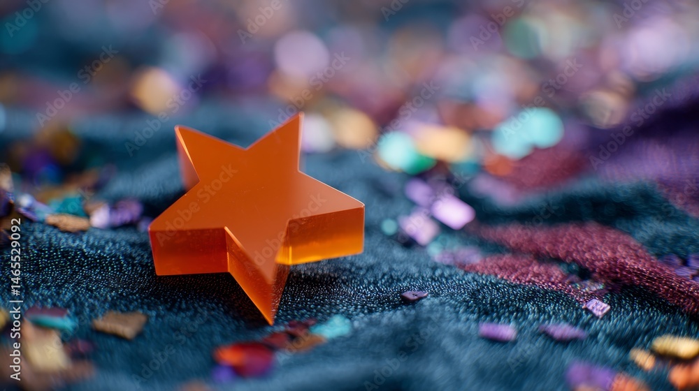Poster luminous orange star icon showcases a subtle 3d effect, positioned on a textured navy background wit