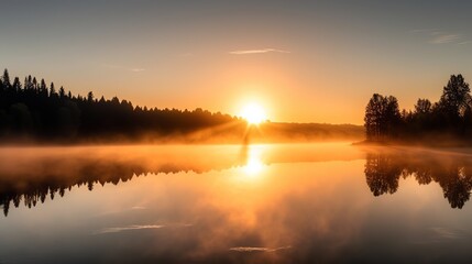 Fototapeta premium Sunrise over a misty lake