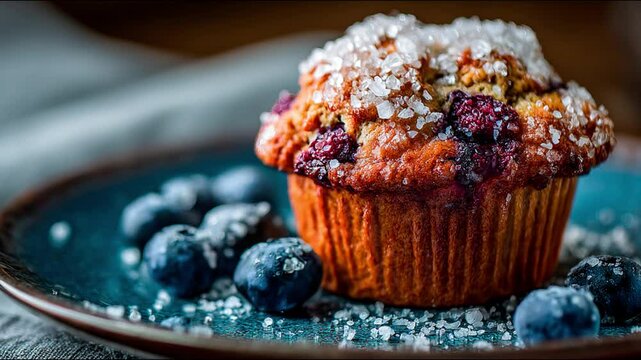 Delicious blueberry muffin with sugar crystal 
