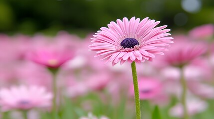 Pink Flower Field in Bloom with Green Stems and Blurred Background
