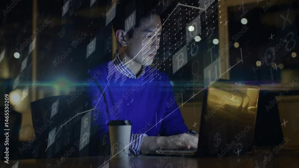 Poster man using laptop in café, showing floating digital finance graphs and currency symbols
