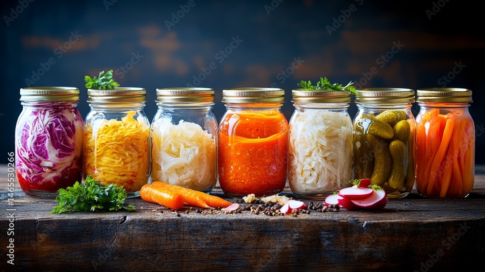 Poster row of glass jars filled with various vegetables and herbs. the jars are arranged in a line, with so