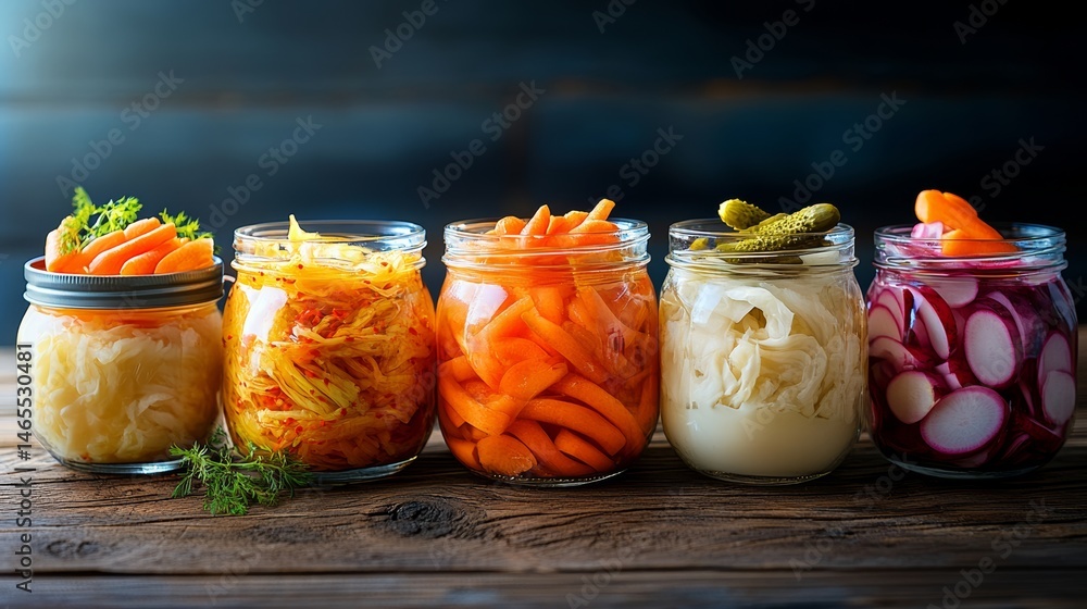 Poster row of jars filled with various pickled vegetables. the jars are arranged in a line on a wooden tabl