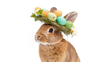 Close-up portrait of an adorable brown rabbit with a easter eggs nest wreath on its head against a pastel green background, an Easter celebration AI Generated By PNG