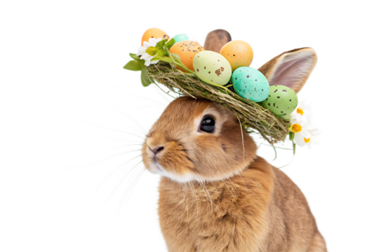 Close-up portrait of an adorable brown rabbit with a easter eggs nest wreath on its head against a pastel green background, an Easter celebration AI Generated By PNG