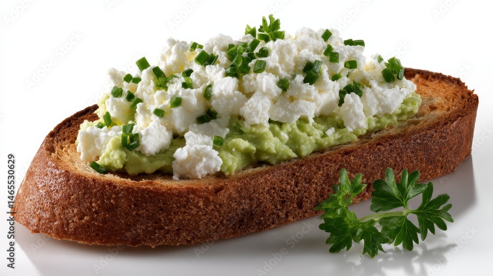 Poster a slice of toasted rye bread features a vibrant avocado spread topped with crumbled cheese and herbs