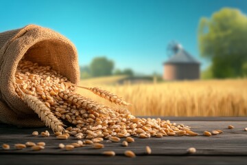 Bag of wheat is spilling out onto a wooden table. The wheat is scattered all over the table, and the bag is almost empty. The scene has a rustic, natural feel to it