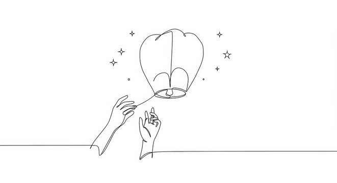 Minimalist line art showing hands releasing a paper lantern symbolizing farewell
