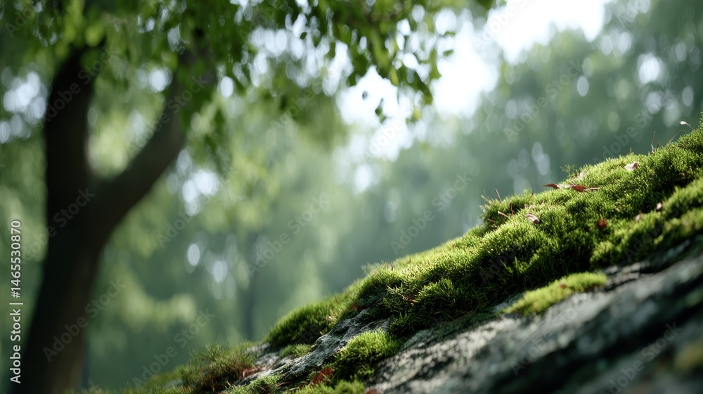 Fototapete A vibrant moss-covered rock rests in a lush forest, illuminated by soft sunlight filtering through the branches, creating a serene natural atmosphere