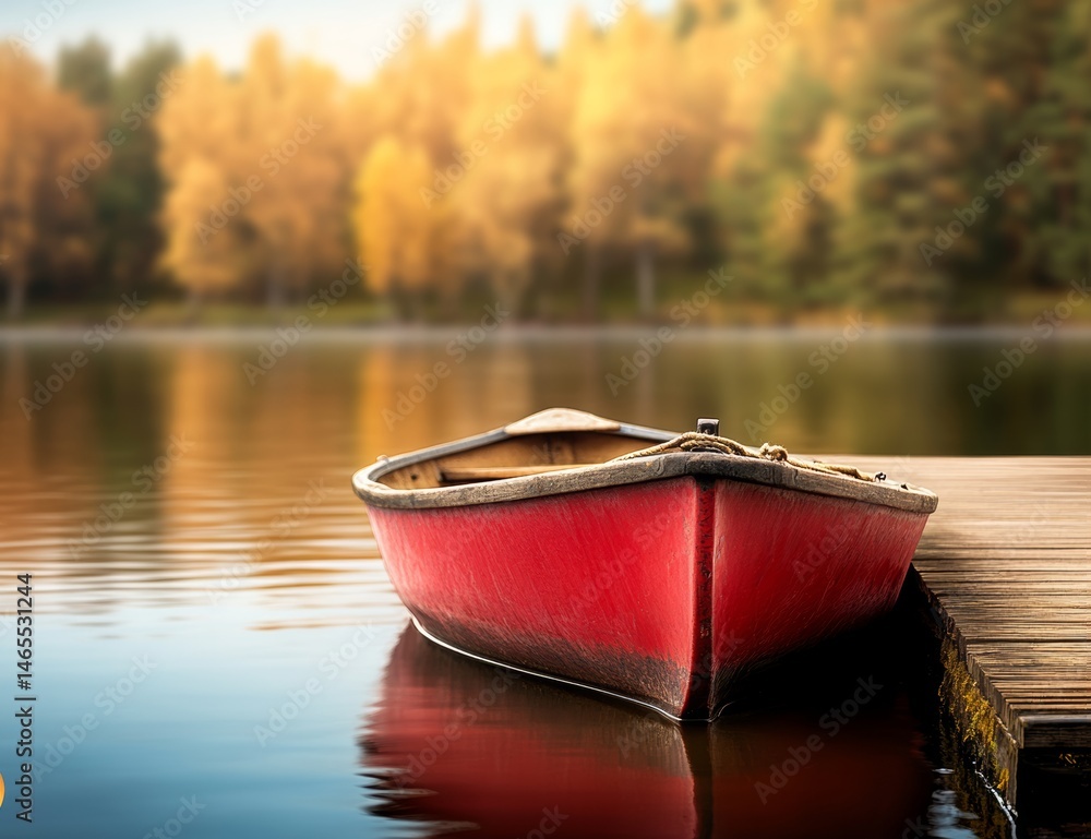 Poster red canoe sits on a dock in front of a lake. the water is calm and the trees in the background are a