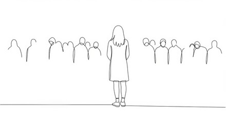 Minimalist line drawing woman amidst blurred crowd conveys serenity and isolation