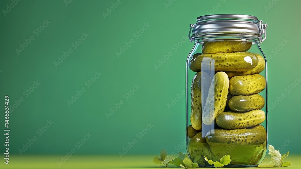 Poster jar of pickles sits on a green table. the jar is filled with pickles and the pickles are arranged in