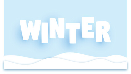 Winter text letters calligraphy on blue sky background Paper art and craft style vector illustration, hello happy winter scene, Holiday greeting, Winter landscape Paper art design, Blue winter sky gre