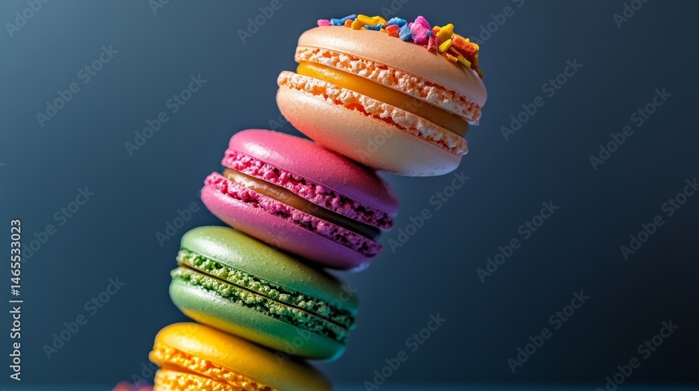 Poster stack of colorful macarons with different flavors. concept of indulgence and enjoyment, as the macar