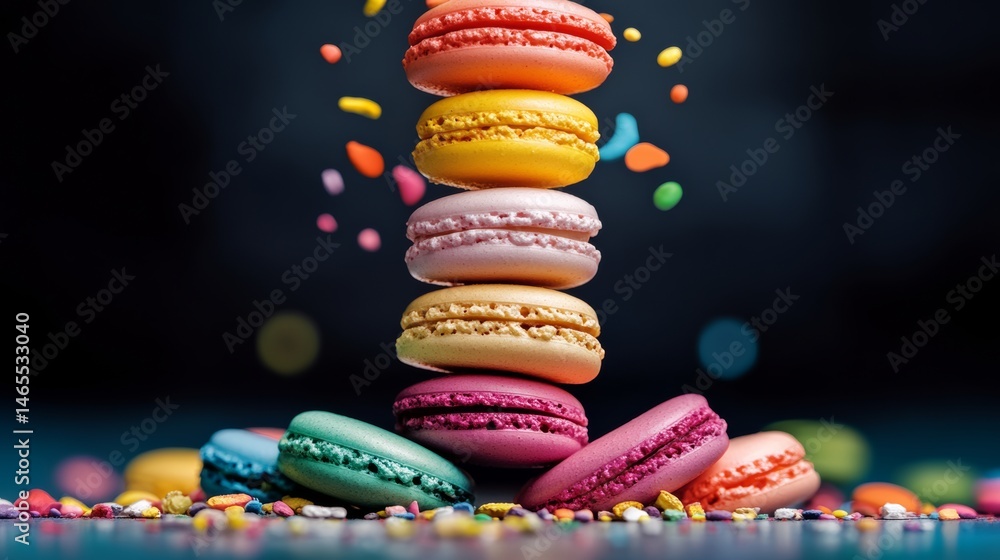 Poster stack of colorful macarons with a blue background. the macarons are arranged in a pyramid shape, wit