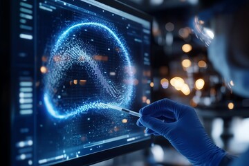 Woman pioneers science research, manipulating virtual molecules in advanced analysis. Science revolution unfolds as woman interacts with holographic biostructures, revealing cutting-edge innovation.