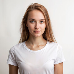 Young woman smiling confidently against a plain white background  