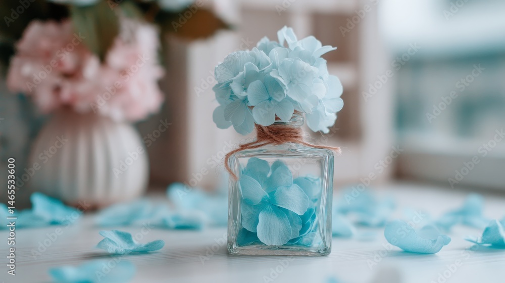 Poster a small glass container displays delicate blue petals, creating a serene atmosphere. soft focus back