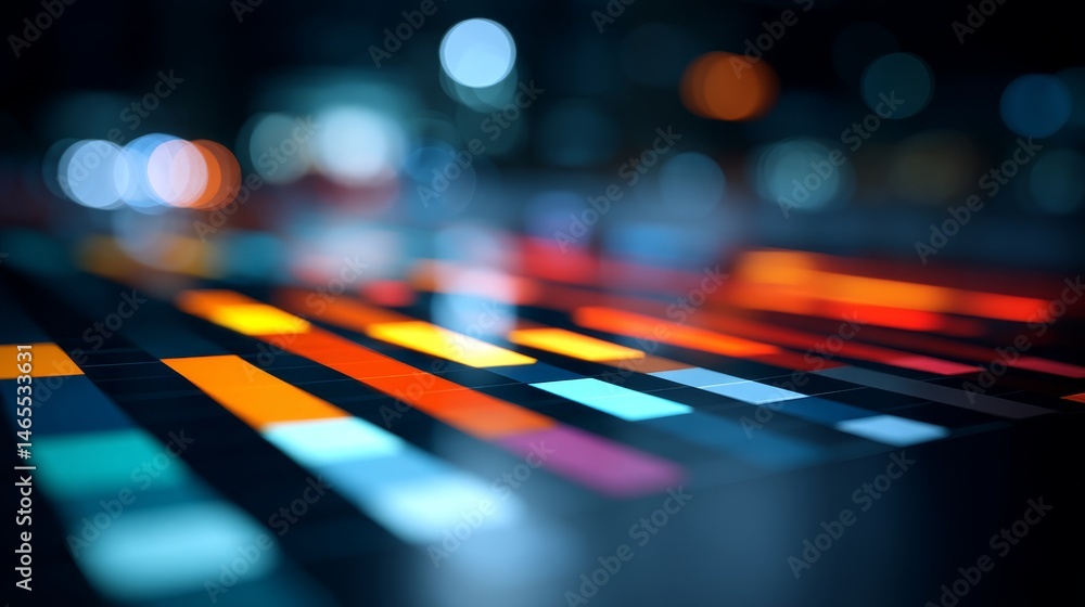 Poster Sleek office desk showcases glowing digital charts projected above, symbolizing modern business analytics in a dark setting with ample copy space on the right
