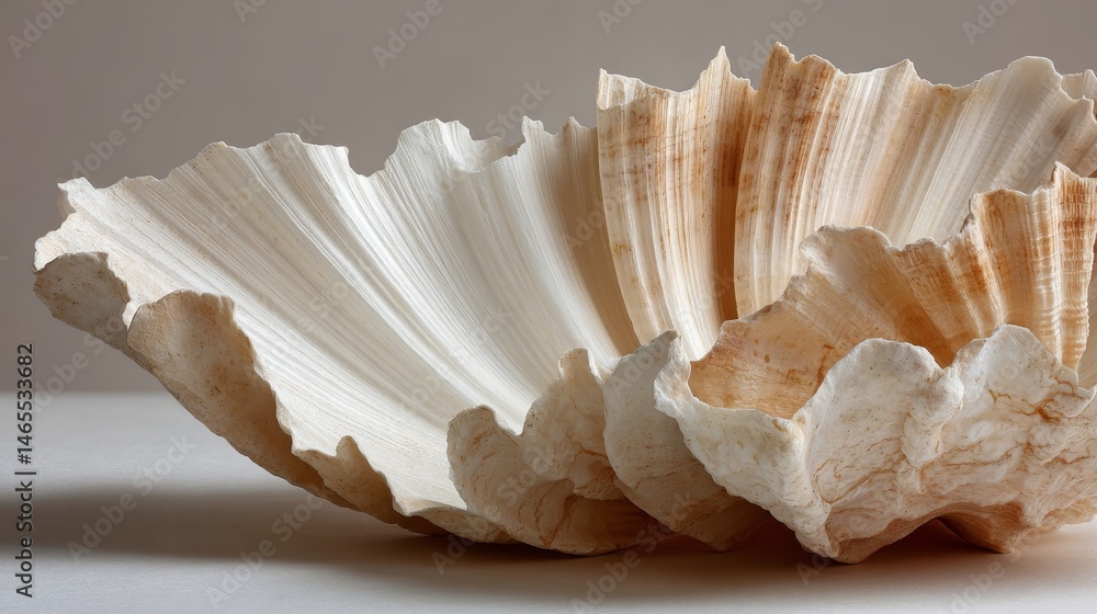 Poster Single white seashell with detailed ridges and a smooth surface positioned against a soft backdrop, highlighting its natural coastal elegance and tranquility