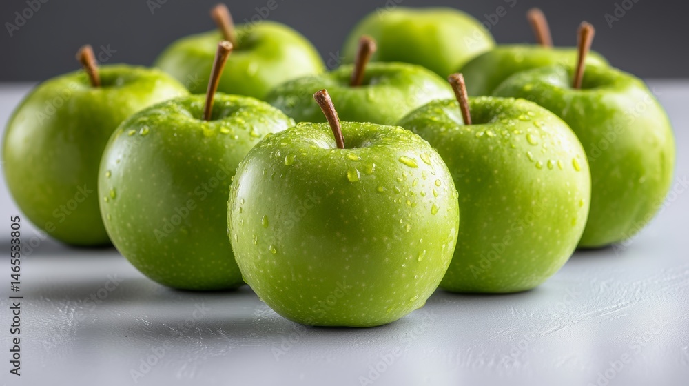 Poster row of green apples with a few drops of water on them. the apples are arranged in a neat row, with t