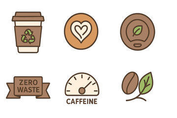 Caf&eacute;‑eco icons showing cup, heart, lid, ribbon, dial, logo