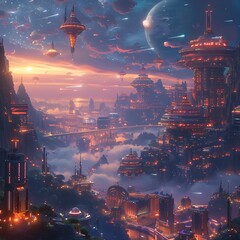 Neon Lit Future Skyline View