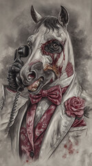 ornate surreal horse portrait with expressive features and fantasy elements, stylized animal painting with baroque textures, clothing, and dramatic emotion in detailed artistic composition
