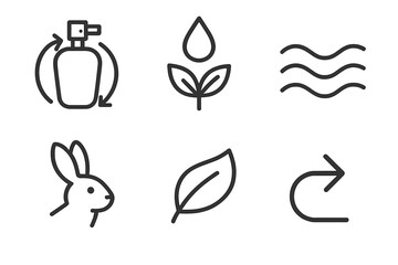 Obraz premium Fragrance‑eco icons showing sprayer, drop, wave, bunny, leaf, arrow