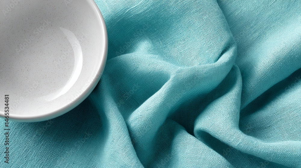 Leinwandbilder close-up view of a glossy white ceramic dish on a teal linen cloth emphasizes minimalist style and c