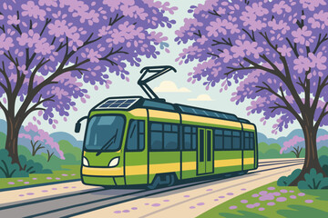 Obraz premium The scene depicts a flat landscape with a green transportation system, featuring a tram powered by photovoltaics, lilac blossoms, and a clear blue sky